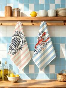 2pcs Kitchen Absorbent Towels, Made Of Polyester Material, Lobster And Fish Pattern Print, Suitable For Kitchen, Bathroom, Ideal Choice For Housewives And Family Gatherings, High Cost-Effective Home Supplies, Great Room Decoration - Multicolor - View 2