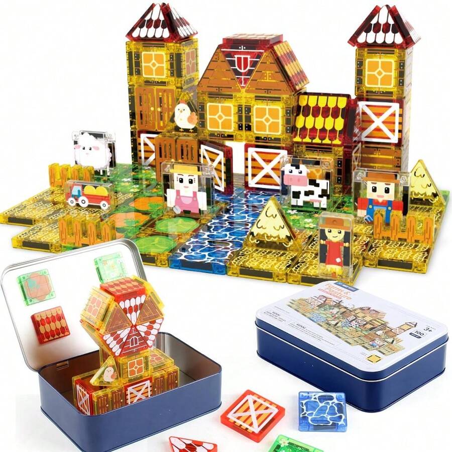 100Pcs Farm Magnetic Tiles Toy For Kid,Magnetic DIY STEM Block Set,Brain Game Educational Toy For Child,Size 3.75cm Mini Magnet Building Block Toy