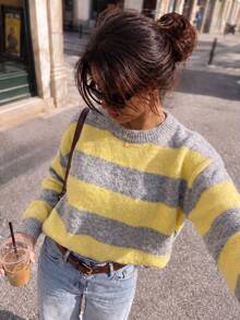 Women's Fuzzy Striped Knit Sweater, Round Neck Long Sleeve Soft Stretchy Contrast Color Pullover, Casual Elegant Street Style Fall Winter Top - Gray and Yellow Group - View 13