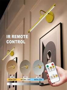 Rechargeable Indoor Wall Lamp, Painting Light With Remote Control, 3 Color Temperatures And Dimming Options, Wireless Picture Light, Adjustable Brightness And Timer Art Lamp,Makeup Mirror Light,Suitable For Bedroom Reading,Office Desk Display 1800mAh - Three-color Light - View 3