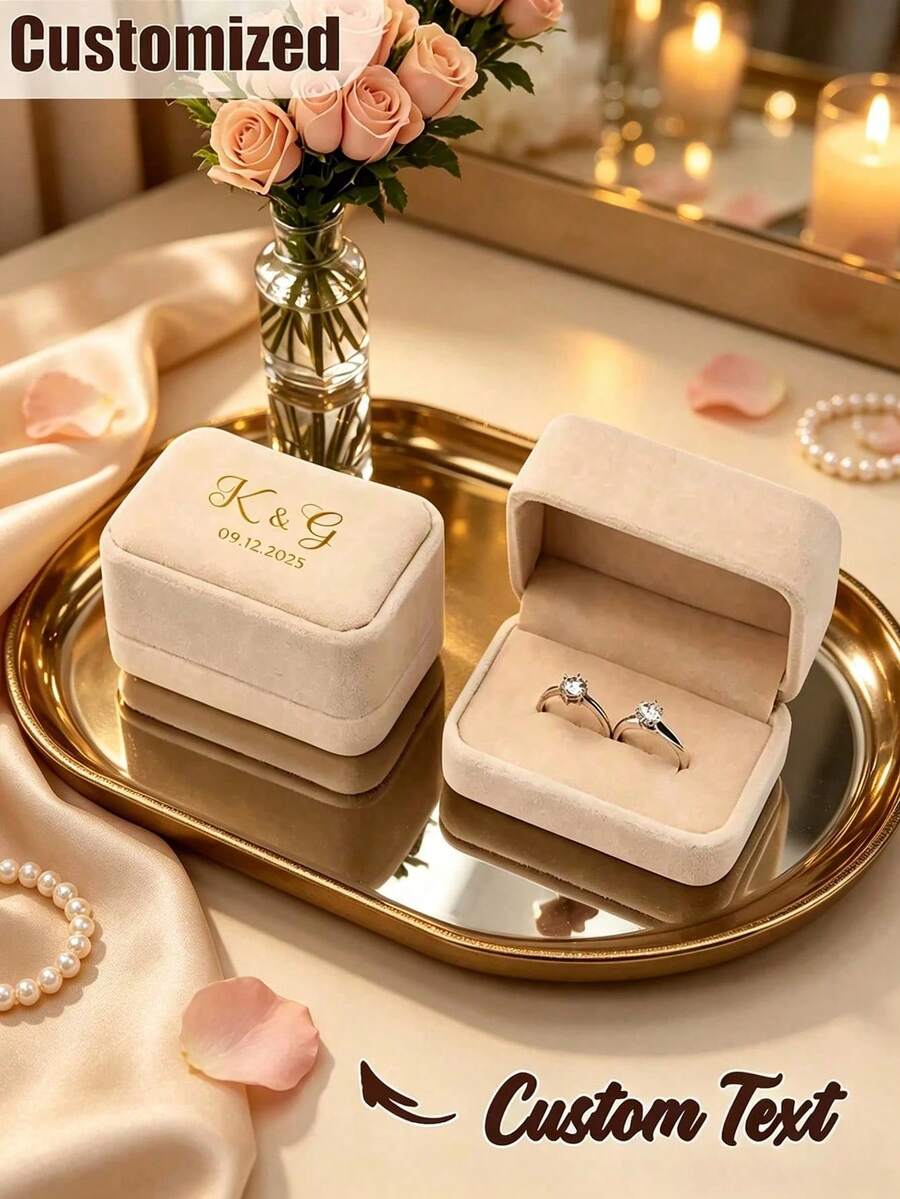New Personalized Wedding Ring Box, Engagement Ring Box, Proposal Ring Box, Modern Ring Box, Anniversary Gift, With Customized Display Stand And Velvet Lining, Holds 2 Rings, Suitable For Wedding, Engagement And Proposal Occasions To Store Jewelry - Multicolor - View 1