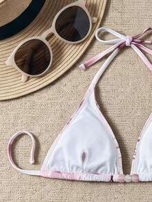Women's Elegant Summer Beach Vacation Fashionable Pink Butterfly Print Halter Casual Bikini Set - Multicolor - View 4