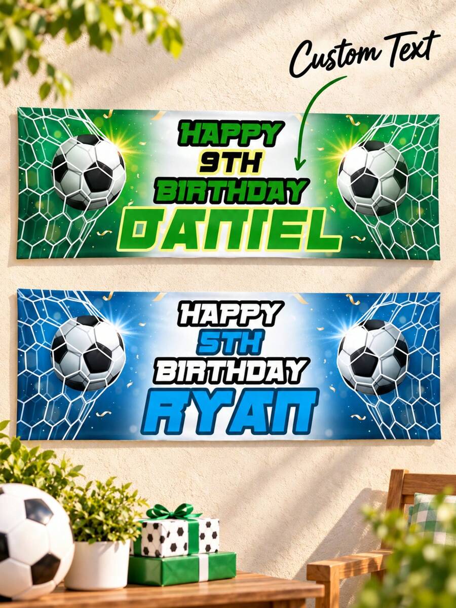 1pc Customized Name & Age Birthday Banner, Personalized Football Theme Party Backdrop, Sports Theme Birthday Wall Decor, Football Fan Gift, Football Lover Souvenir, Football Party Decoration, Birthday Photo Booth Background - Multicolor - View 1