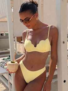 Women's Yellow Shell-Shaped Cup Bikini Set With Spaghetti Strap, Back Tie Swimwear, Suitable For Beach Vacation Summer - Yellow - View 4