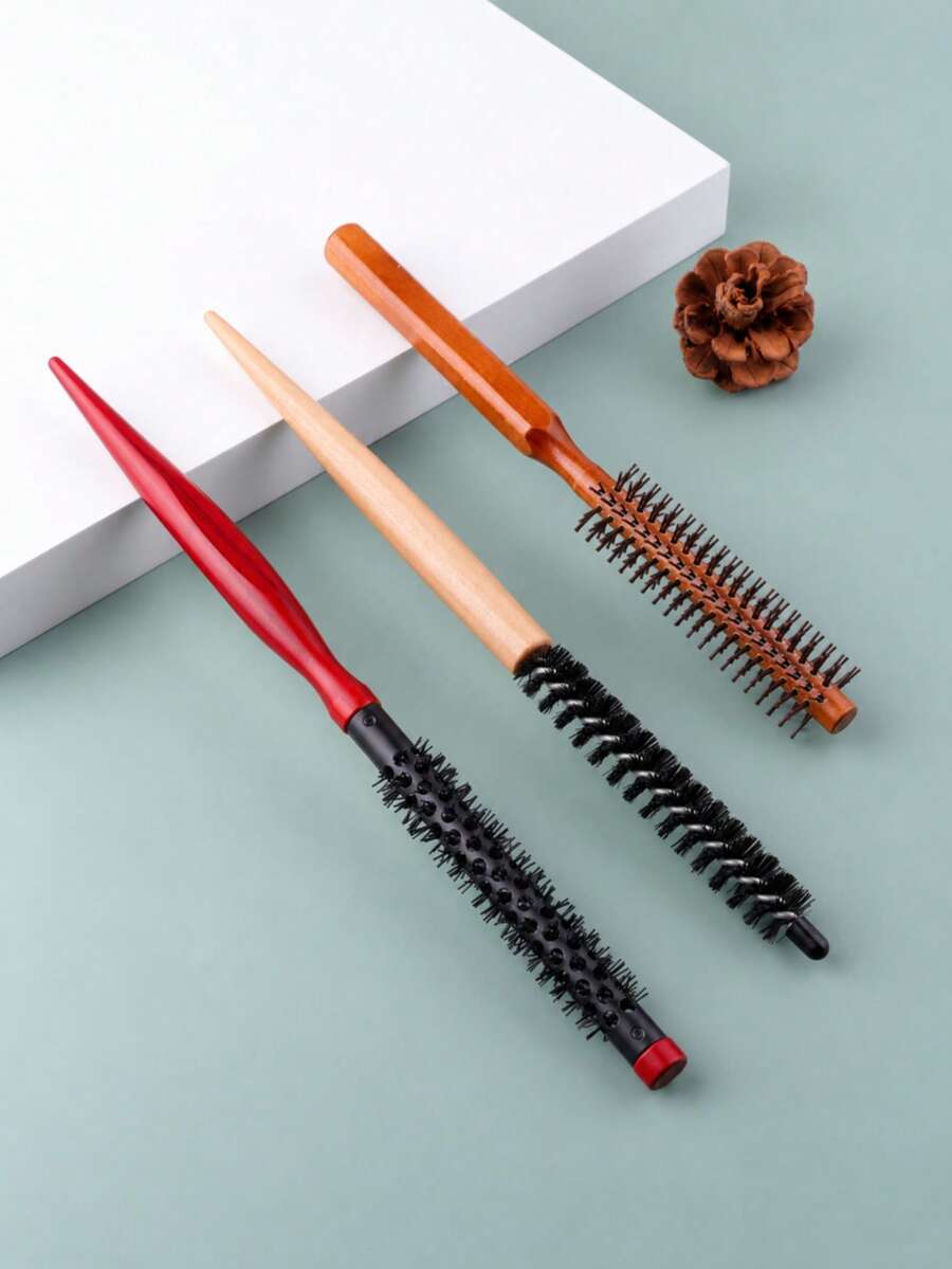 Mini Wooden Round Hair Brush Small Barrel Curling Comb Bangs Styling Brush Root Volume Hair Roller Comb Blow Dry Hair Tool For Fringe Inner Curl Styling Anti Static Hair Care Accessory - Multicolor - View 1