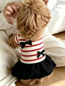 1pc Thickened Derong Short Sleeve Dog & Cat Dress, Simple Striped, Autumn/Winter, For Teddy, Pomeranian, Yorkshire Terrier, Bichon Frise, Pet Clothes - Red and White - View 5