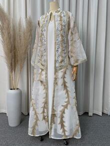 女款優雅兩件套，刺繡開襟長袖長版外套搭配純色吊帶長洋裝，端莊正式派對長袍 - 白色 - 查看 7