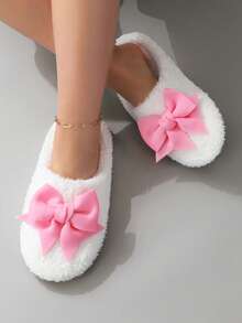 Sweet Cute Macaron Color Large Bow Plush Warm Soft Sole Women's House Slippers Floor Socks - White - View 2