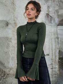 女款修身打底衫 高領麻花羅紋針織衫 喇叭袖 秋冬外出約會日常通勤穿搭 - 綠色 - 查看 2