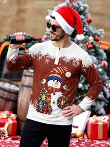 Men's Autumn/Winter Christmas Holiday Snowman Bird Christmas Tree Print Button Collar Long Sleeve T-Shirt - Multicolor - View 5