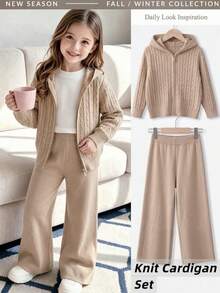 2pcs/Set Pakaian Anak Perempuan Gaya Sekolah Warna Polos: Kardigan Berkerudung Rajut Kabel dan Celana Rajut Warna Polos, Cocok untuk Sekolah, Pakaian Sehari-hari, Kasual, Musim Semi, Musim Gugur, Musim Dingin - Aprikot - View 1