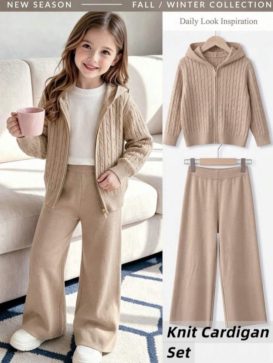 2pcs/Set Pakaian Anak Perempuan Gaya Sekolah Warna Polos: Kardigan Berkerudung Rajut Kabel dan Celana Rajut Warna Polos, Cocok untuk Sekolah, Pakaian Sehari-hari, Kasual, Musim Semi, Musim Gugur, Musim Dingin - Aprikot - View 1