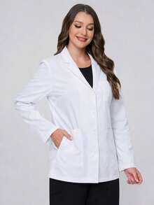 Plus Size Women's Long Sleeve Open Front Lapel 3 Pockets White Coat Regular Fit - White - View 6