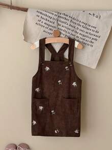 INS Baby Girls Toddler Casual Full Body Embroidered Floral Corduroy Pocket Overall Dress Spring Autumn - Brown - View 5
