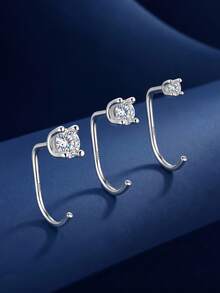 EleRunis 1pc Moissanite 925 Sterling Silver C-Shaped Hook 2/3/4 Hole Cartilage Back-Hanging Spiral Ear Bone Stud, Exquisite Jewelry Suitable For Daily Wear And Party - Silver - View 2