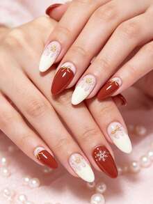 Showyboo Semi-Cured Gel Nail Strips, 20 Pieces, Glow In The Dark Christmas Snowflake Bow Nail Stickers, Luminous Party Festive Design Self-Adhesive Nail Decals For Christmas Night Parties, Rave Events & Holiday Gatherings - Red and White - View 8