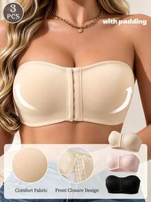 3pcs Women's Strapless Wireless Push-Up Bandeau Bra, Non-Slip Back Closure Comfortable Casual Daily Wear - Multicolor - View 3