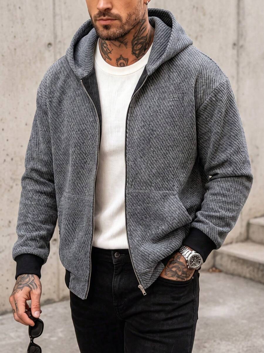 1pc Men's Grey Hooded Sweatshirt Jacket, 3D Diagonal Ribbed Knit Fabric, Soft & Thick, Smooth Full Zip Closure, Easy To Put On And Take Off, Suitable For Daily Commute, Autumn/Winter Layering, Vintage Vibe Short Hooded Jacket - Grey - View 1