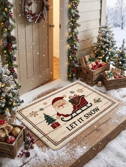 1pc Vintage Wood Grain Bottom Santa Claus Sleigh Print Floor Mat Carpet, American Country Holiday Foot Mat, Velvet Absorbent Non-Slip Bathroom Mat With Fine Short Pile Soft Skin-Friendly, 0.8 Inch Thickness + 900g/Sq.Ft Weight, Washable, Perfect Christmas Home Decor, Suitable For Living Room Sofa, Bedside, Kitchen, Hallway, Bathroom, Bedroom, Outdoor Garden Carpet, Holiday Decoration, Christmas Decoration