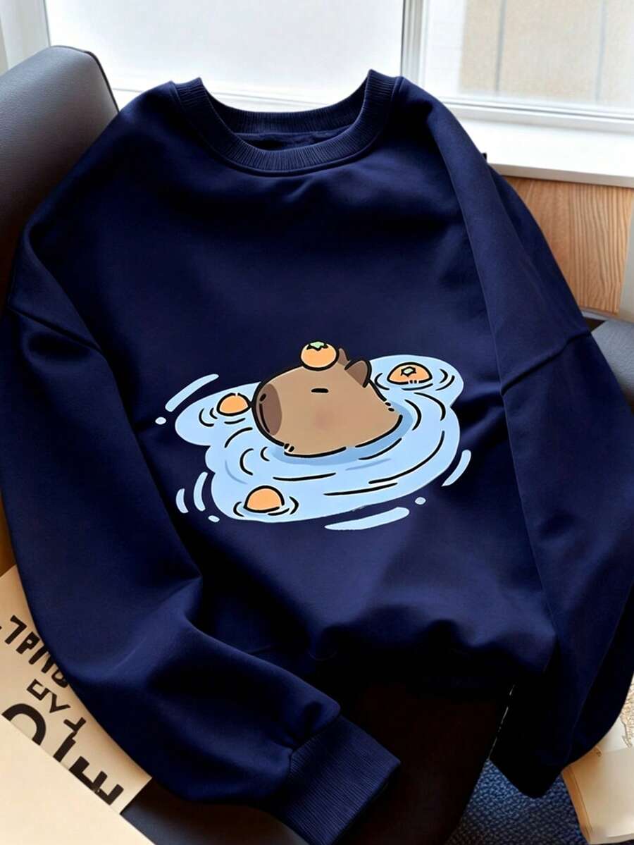 Tween Boy 1pc Cactus Print Crew Neck Sweatshirt, Warm Pullover Sweatshirt For School, Autumn/Winter - Navy Blue - View 1