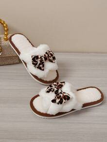 Girly Leopard Print Bow Plush Open Toe Slippers, Comfortable Indoor House Slides - Khaki - View 3