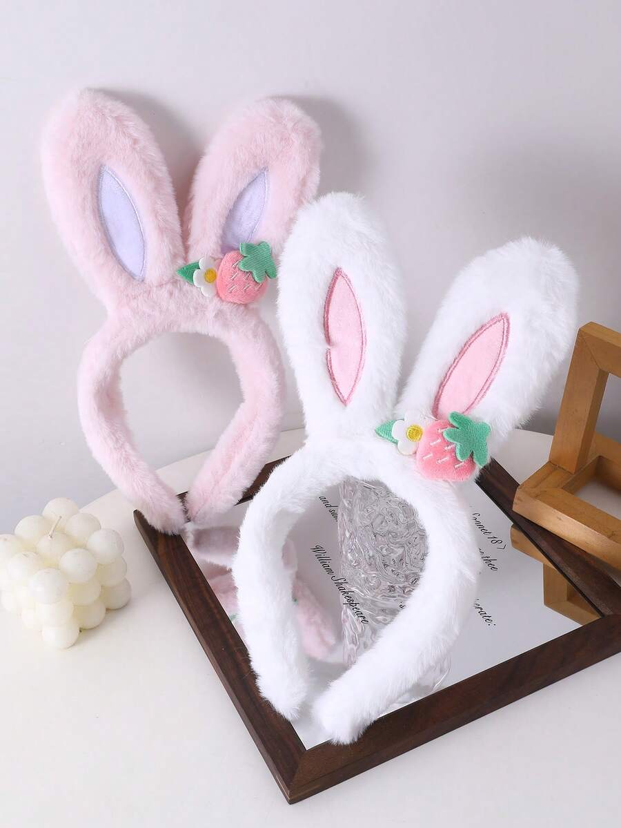 1pc/2pcs Girls White & Pink Plush Rabbit Ear Headband, Soft Plush Rabbit Ear Headband With Strawberry Flower Decoration, Cute Sweet Hair Accessory, Suitable For Children's Daily Wear, Party, Ball, Holiday Decoration - Multicolor - View 1