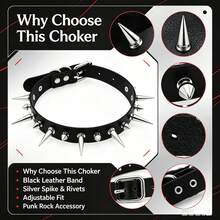 1pc Fashion Unisex Cool Punk Gothic Metal Rivet Chain Leather Choker Necklace - Black - View 8
