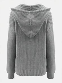Women's Solid Color Hooded Drop Shoulder Long Sleeve Loose Knit Pullover, Front Pocket, Rhinestone Decor, Autumn/Winter Daily Versatile Top - Grey - View 7