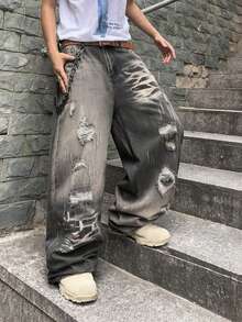 Men's Plus Size White & Grey Colorblock Straight Leg Jeans - Multicolor - View 3