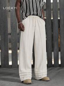 1pc Men's Japanese Vacation Style Linen Texture Pleated Straight Leg Casual Loose Fit Beach Versatile Long Pants - Apricot - View 1
