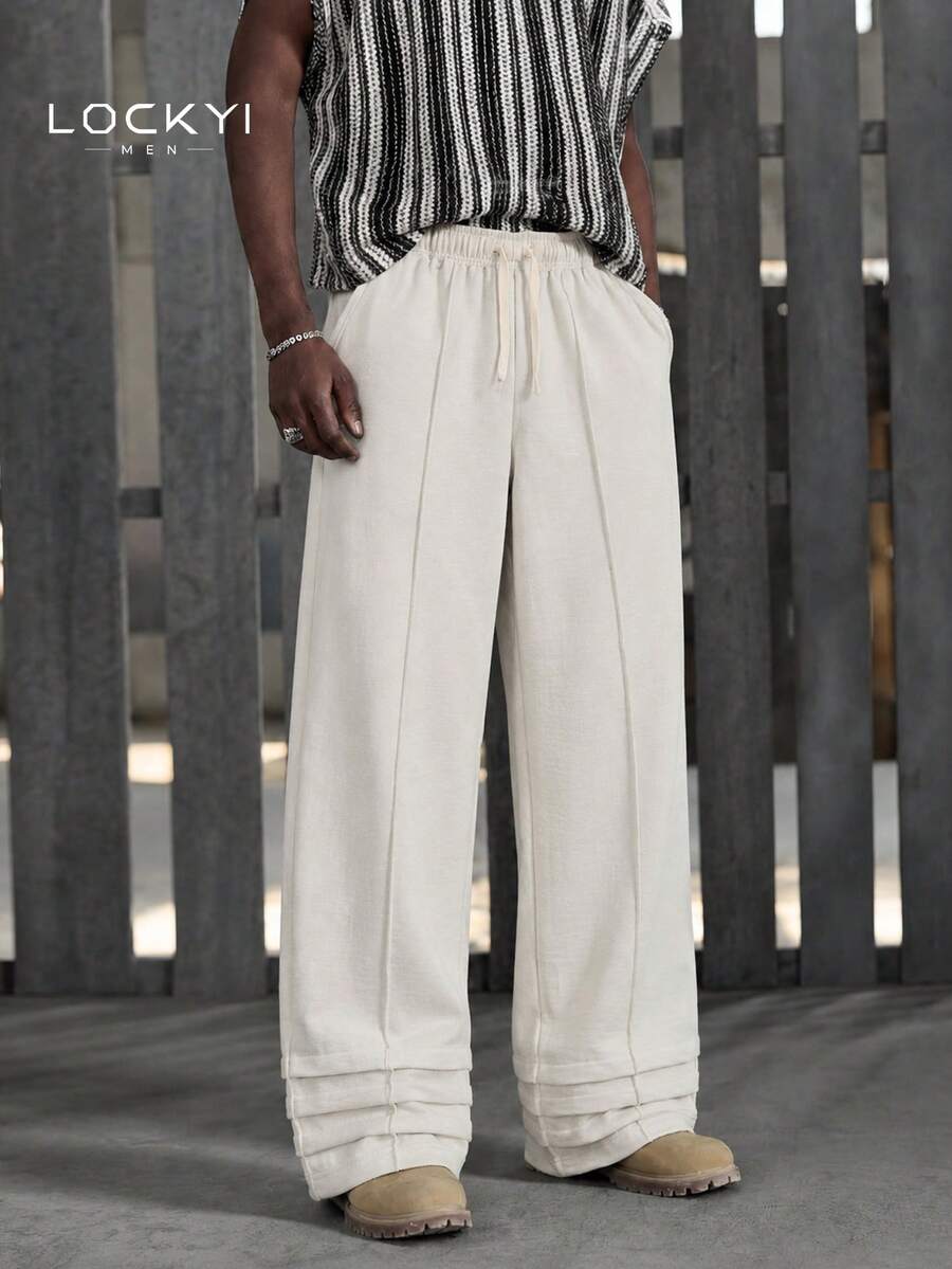 1pc Men's Japanese Vacation Style Linen Texture Pleated Straight Leg Casual Loose Fit Beach Versatile Long Pants - Apricot - View 1