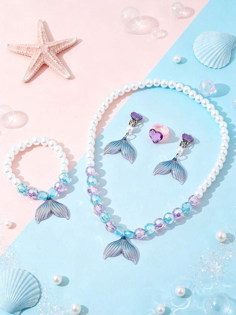 5pcs/Set Girls Mermaid Princess Jewelry Set, Faux Pearl Beaded Necklace, Bracelet, Ring, Ear Clips, Cute Party Gift For Girls - Multicolor - View 1