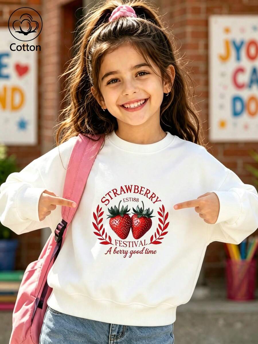 Girls' Cute Printed Drop-Shoulder Round-Neck Long-Sleeve Casual Sports Sweatshirt - White - View 1
