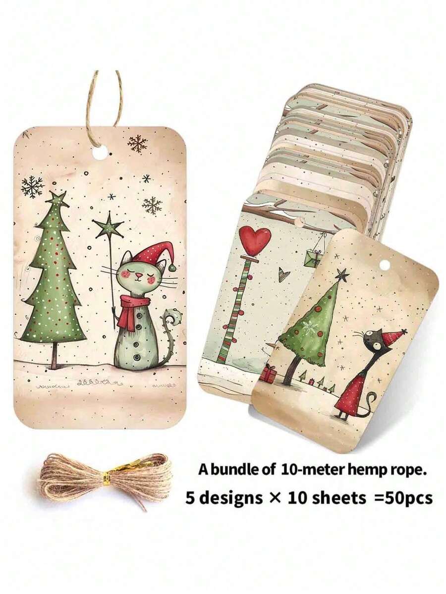 1/25/50pcs Cute Christmas Gift Tags With Jute Rope, Fantasy Holiday Design, Featuring Bear, Reindeer, Christmas Tree, Angel And Dog, Holiday Paper Party Gift Labels, Suitable For Christmas Gifts, Gift Wrapping And DIY Crafts - Multicolor - View 1