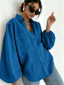 Women's Fashion Blue Oversized Bishop Sleeve Shirt, Button Front Design, With Pockets, Autumn Casual Wear Choice - Navy Blue - View 2