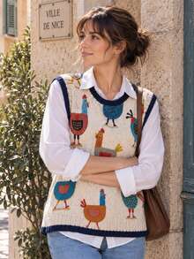 Tank Top Rajut Wanita Motif Ayam Jantan Vintage, Leher Bulat Rajut Bergaris, Potongan Reguler, Cocok untuk Musim Gugur dan Gaya Bohemian - Aprikot - View 4