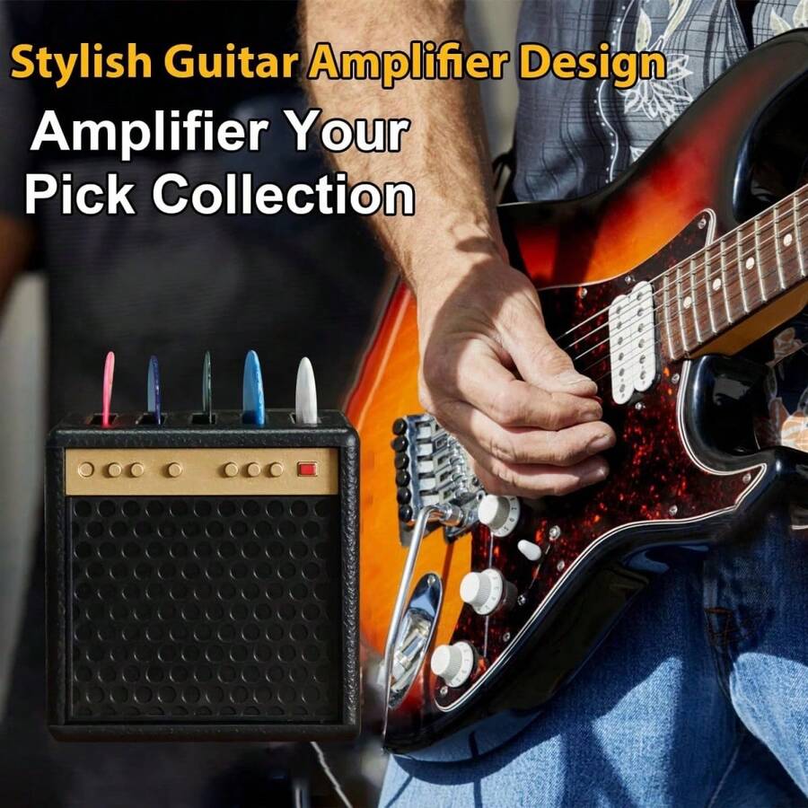 1pc Creative Mini Amp Shape Guitar Pick Holder Box With 10pcs Colorful Picks (0.46mm/0.71mm), Portable Musical Instrument Accessory Storage Organizer, Gift For Acoustic Electric Guitar Bass Ukulele