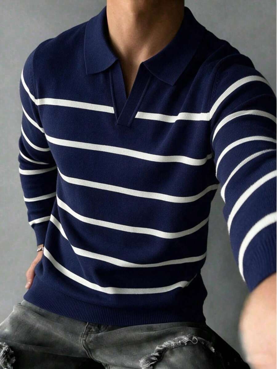 Men's Spring/Autumn Casual Commute Versatile Striped Airplane Collar Long Sleeve Sweater - Navy Blue - View 1