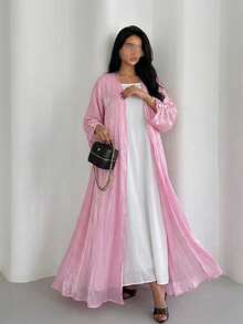 Elegant lång enfärgad morgonrock för kvinnor, modest pendlarklädsel - Rosa - Visa 5