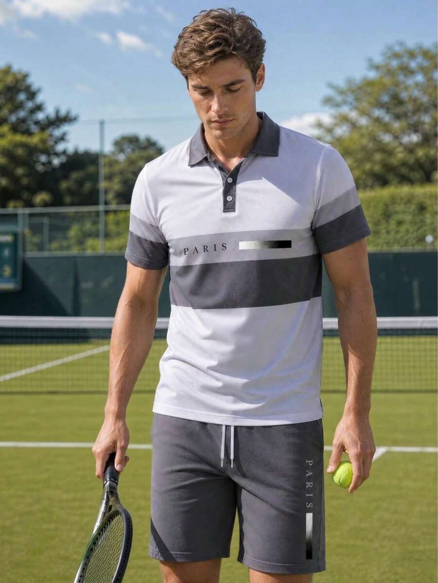 Men's 2 Pieces Colorblock Short Sleeve Polo Shirt & Drawstring Shorts Set With Paris Letter Print, Summer Casual Printed Sports Outfit - Multicolor - View 1