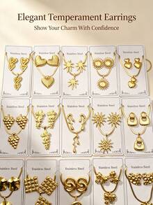 Gold Stainless Steel Jewelry - Random Style Delivery, Heart/Sun/Leaf Designs, Tarnish-Resistant, Perfect For Daily Wear & Gifting - Multicolor - View 3