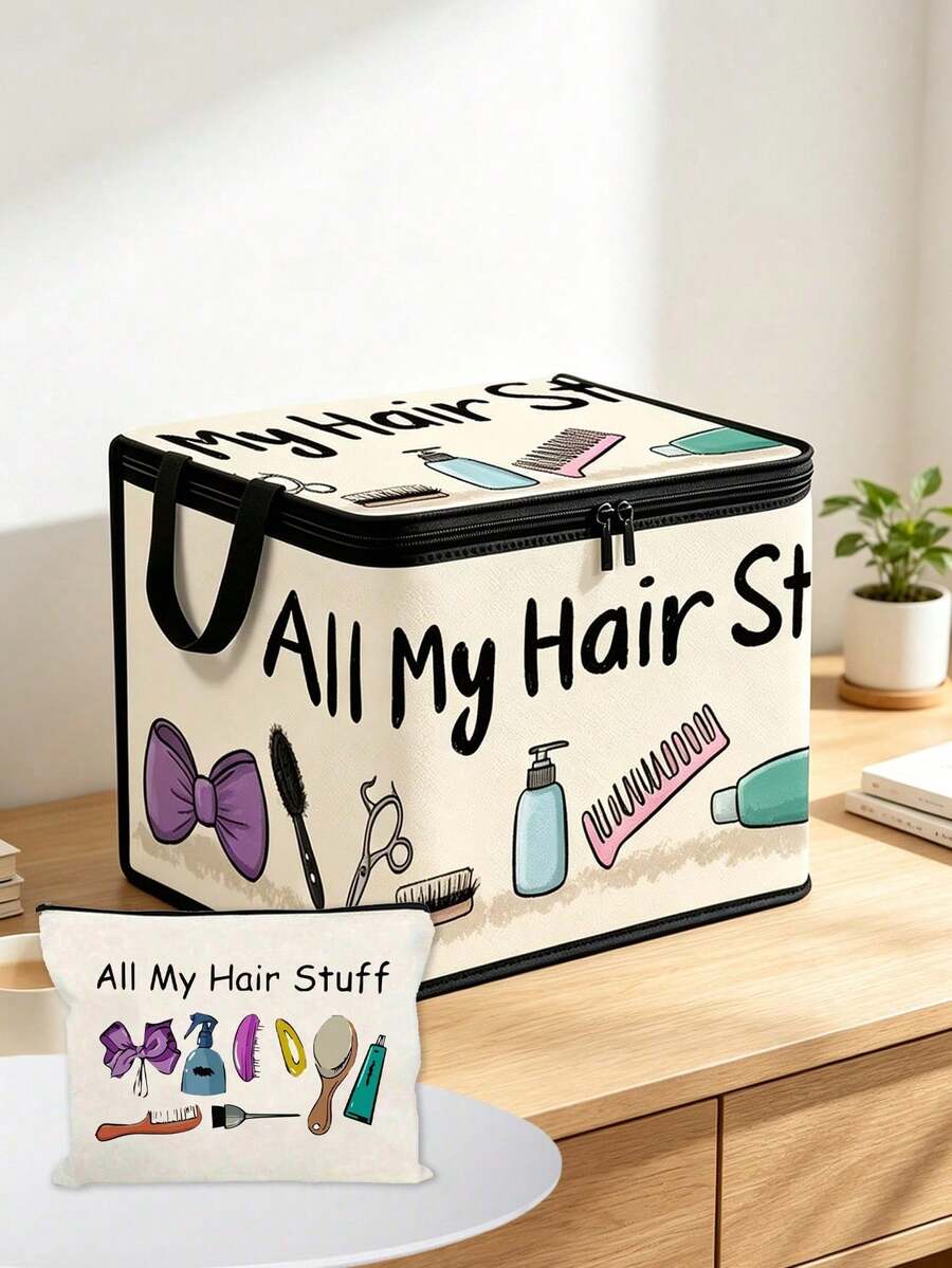 Storage Box With Lid, Printed With "All My Hair Stuff" Cartoon Pattern, Foldable Storage Box, Storage Box, Storage Bin, Large Capacity, Book Organization, Holiday Gift, Office Organization, Under Bed Storage, Rental Home Organization, Suitable For Work, School, Dorm Storage, Back To School Season, Travel Essentials, Dorm Essentials, Wedding Bride Gift, Mother's Gift, Birthday Gift, Holiday Souvenir, Back To School Gift, Graduation Gift - Multicolor - View 1