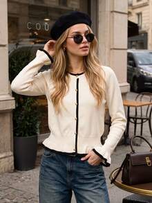 Women's Sweet Knitted Cardigan, Apricot Color Contrast Trim, Round Neck, Pearl Button, Ruffle Hem, Cuffed Waist, Versatile Knit Jacket For Office Commute, Date, Afternoon Tea, Shopping And Travel - Apricot - View 9