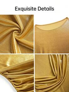 Aliling Gold Shiny Metallic Fabric Cape Sleeve Fitted Bodycon Mini Dress, Front Draped Pleated Short Dress, Autumn Party, Nightclub, Club, Evening Wear, Dinner Outfits - Gold - View 3