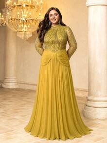 [Random Cut]Stand Collar Long Sleeve Cinched Waist Sequin Patchwork Faux Silk Evening Dress - Yellow - View 3