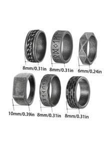 6PCS Retro Punk Antiqued Stainless Steel Men's Rings, Viking Rune Seal Chain Rings, Unique Men's Jewelry Accessories, Daily Wear Jewelry - Antique Silver - View 6