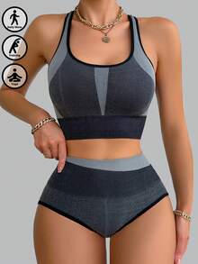 2 Pieces Sets Woman, Sporty Seamless Gray Color Block Cross Back Strap Sports Bra & High Waist Briefs. - Dark Grey - View 4