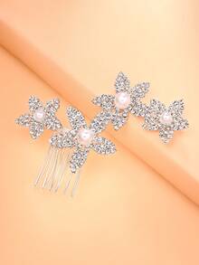 outingfit 1pc Fashion Rhinestone Flower Hair Comb Bridal Updo Accessory Handmade Luxury Full Rhinestone Pearl Hair Clip Headwear Versatile - Silver - View 4