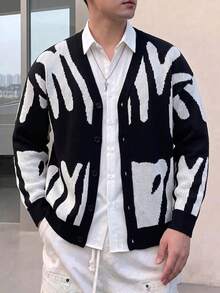 Boys' & Teens' Black & White Abstract Colorblock V-Neck Knitted Cardigan, Single-Breasted Loose Thick Sweater Jacket, Autumn/Winter - Black - View 2