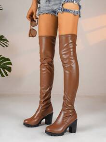 Perfect With Skirt 女款 2026 秋冬新款 方頭低跟百褶皮革套腳過膝彈性長靴 大腿高靴 - 棕色 - 查看 7